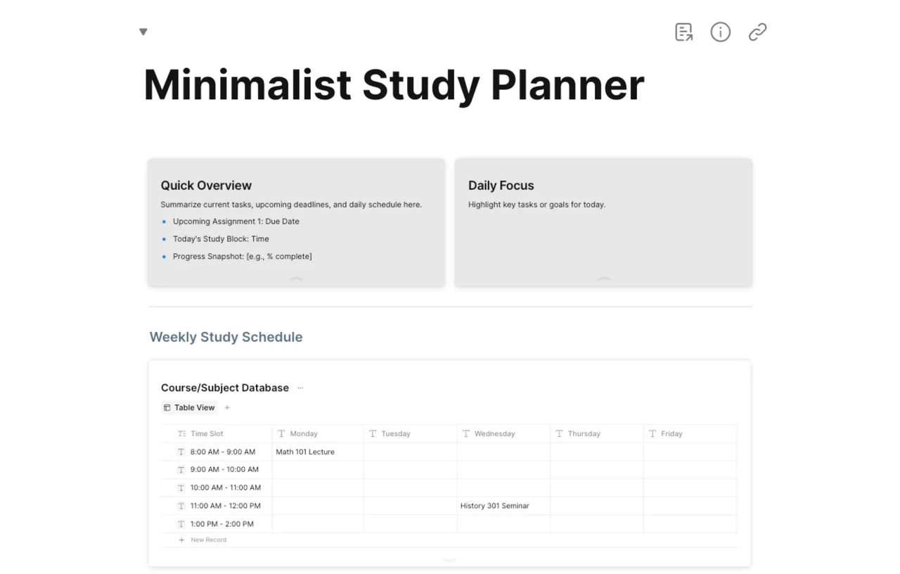 A clean and simple digital study planner template with a minimalist design, showing organized tasks and schedules.