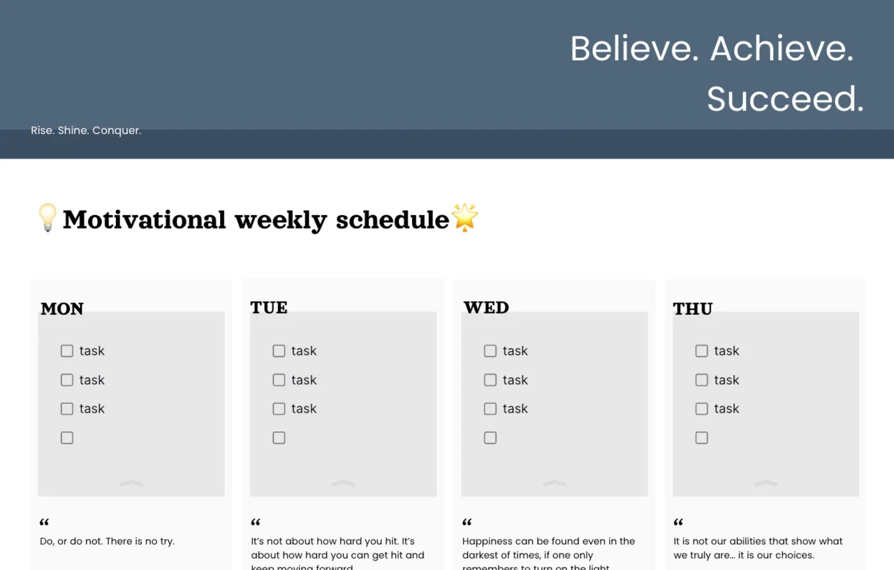Motivational weekly schedule template with color-coded time blocks, inspirational quotes, and goal tracking sections for enhanced productivity and personal development