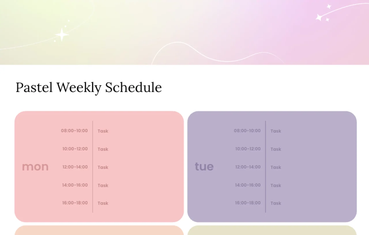 Pastel weekly schedule template with color-coded time blocks for effective time management and visual organization of weekly tasks