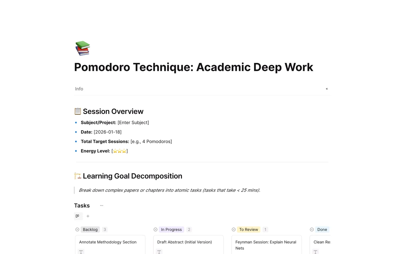 Structured academic deep work template featuring Pomodoro timer intervals, task lists, and break tracking sections for focused study sessions