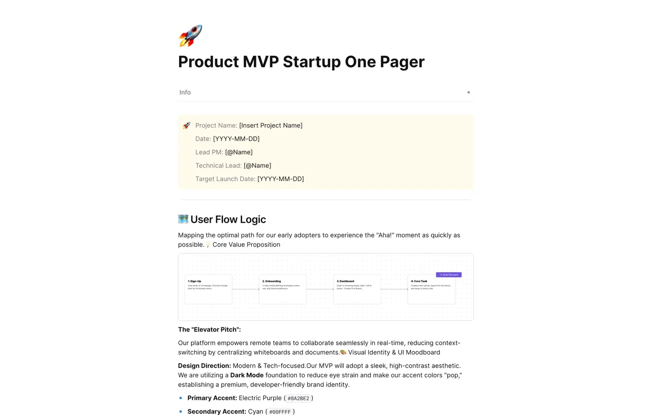 Product MVP Startup One Pager template showing sections for value proposition, core features, and target audience in AFFiNE's unified workspace.