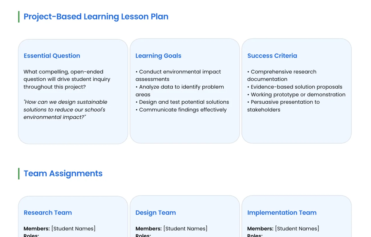 Project-Based Learning Lesson Plan template with organized sections for project overview, learning objectives, timeline, assessment criteria, and resources needed for student-centered classroom projects