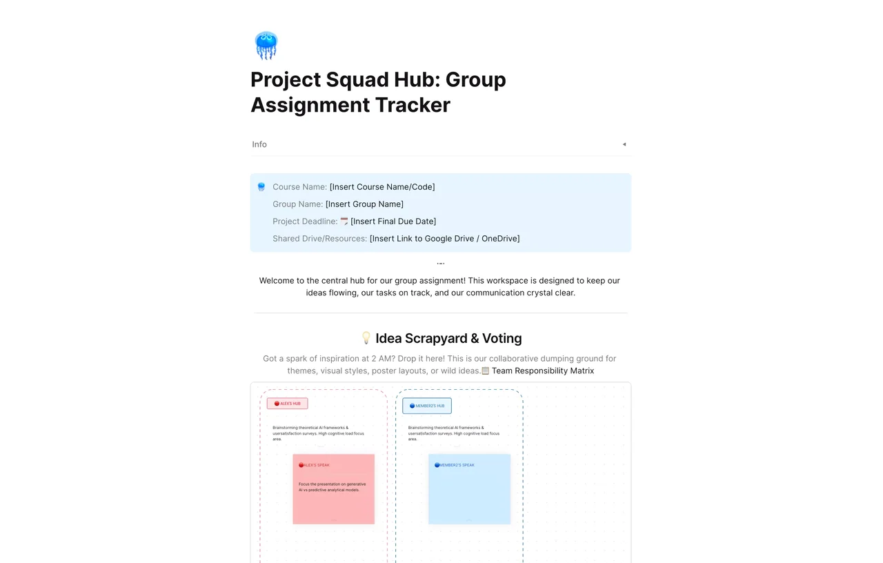 Project Squad Hub Group Assignment Tracker interface showing task distribution and progress monitoring for collaborative academic projects.