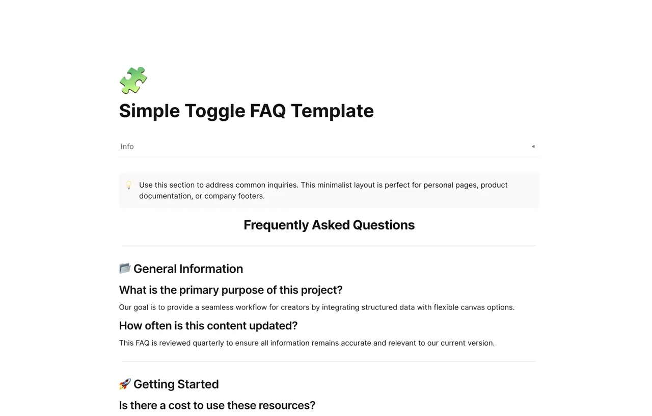 A clean Simple Toggle FAQ Template layout showing collapsible headers that hide detailed answers to maintain document clarity