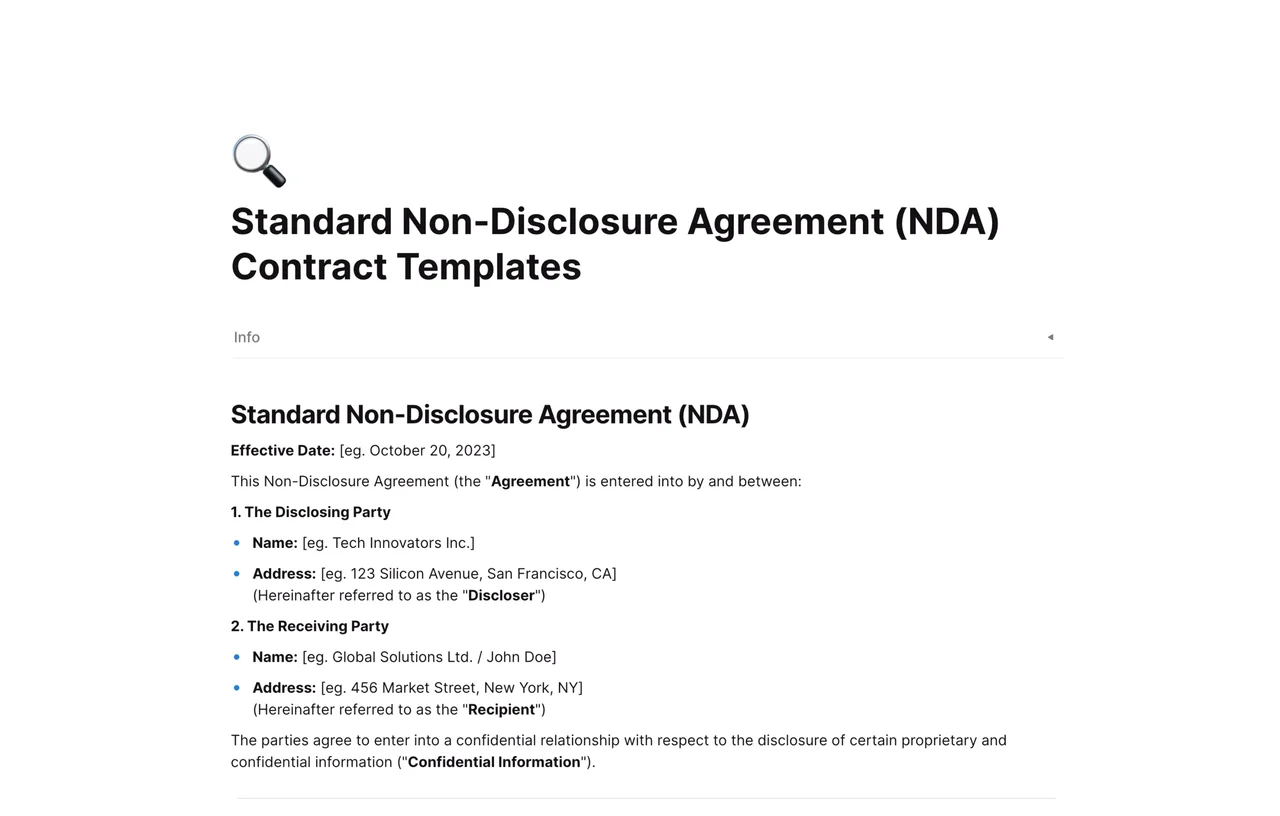 Professional Standard NDA contract template in AFFiNE workspace featuring confidentiality clauses and digital signature blocks.