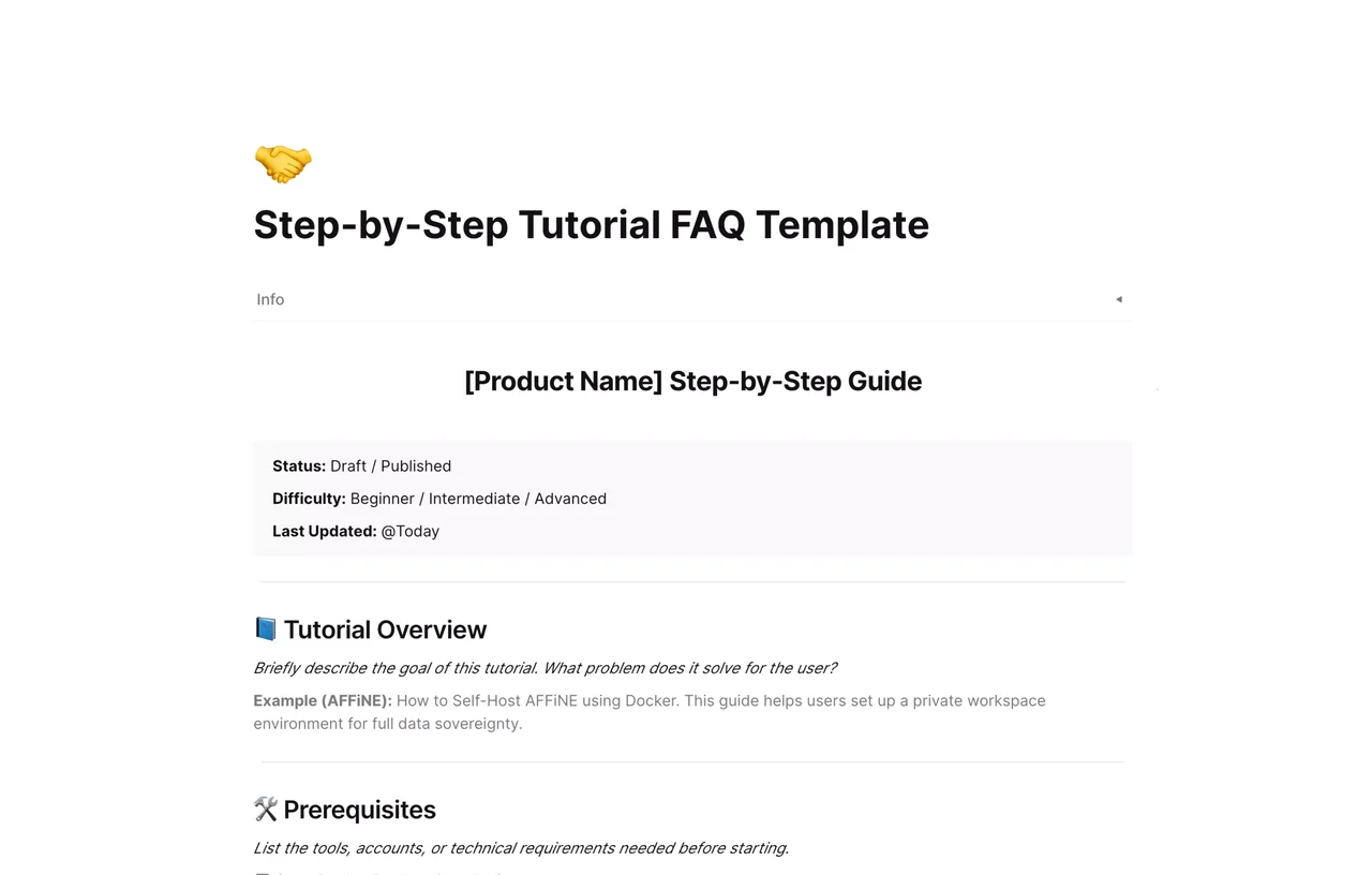 A structured Step-by-Step Tutorial FAQ template featuring sequential instruction blocks and troubleshooting sections for clear user guidance