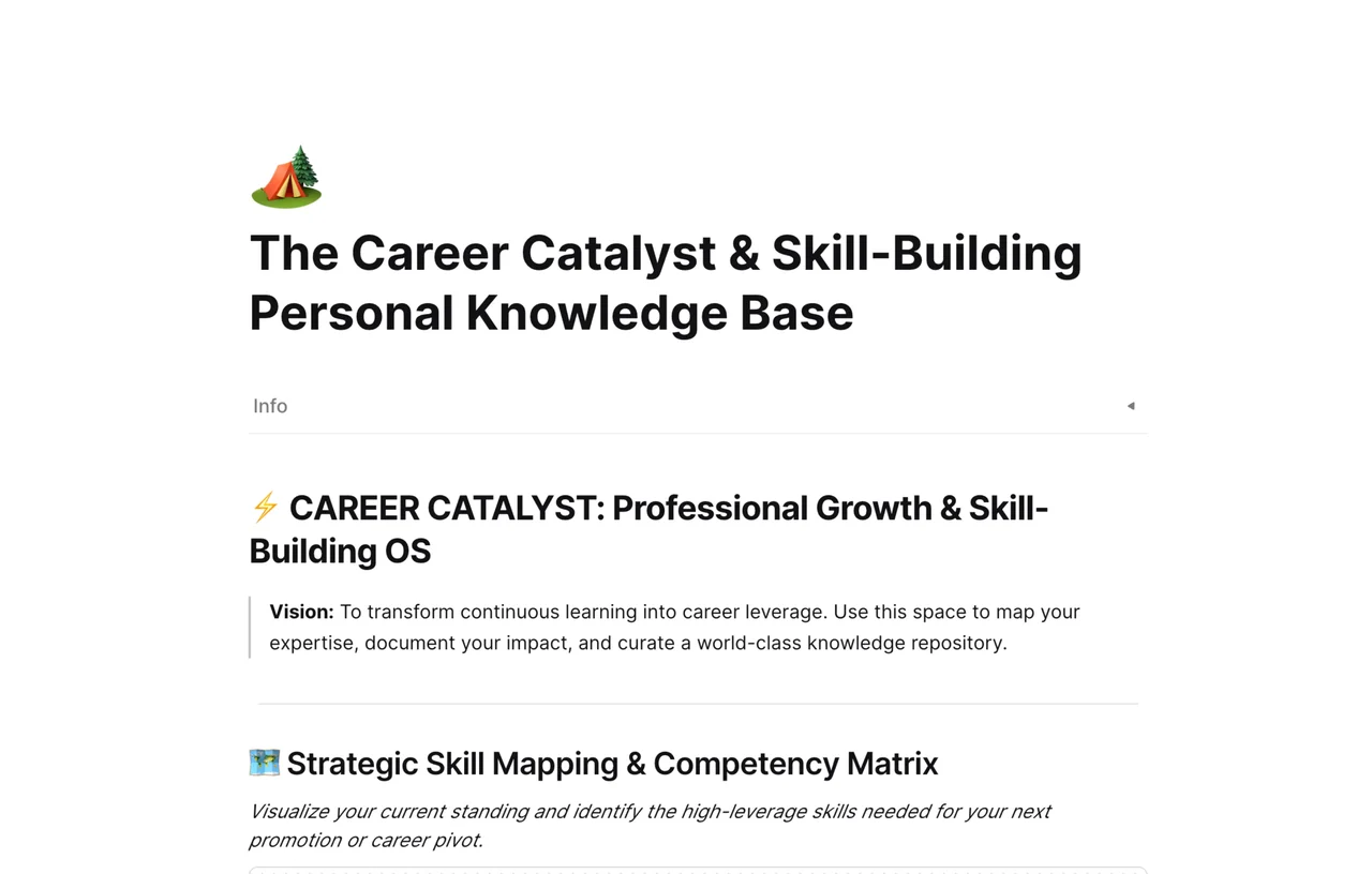 A comprehensive Career Catalyst and Skill-Building Personal Knowledge Base template in AFFiNE, featuring visual skill trackers, career roadmaps, and organized learning resources.