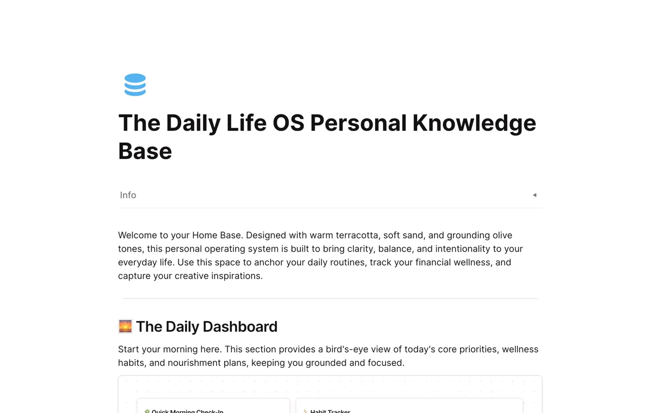 The Daily Life OS Personal Knowledge Base template interface in AFFiNE showcasing organized personal notes, daily tasks, and visual planning boards.