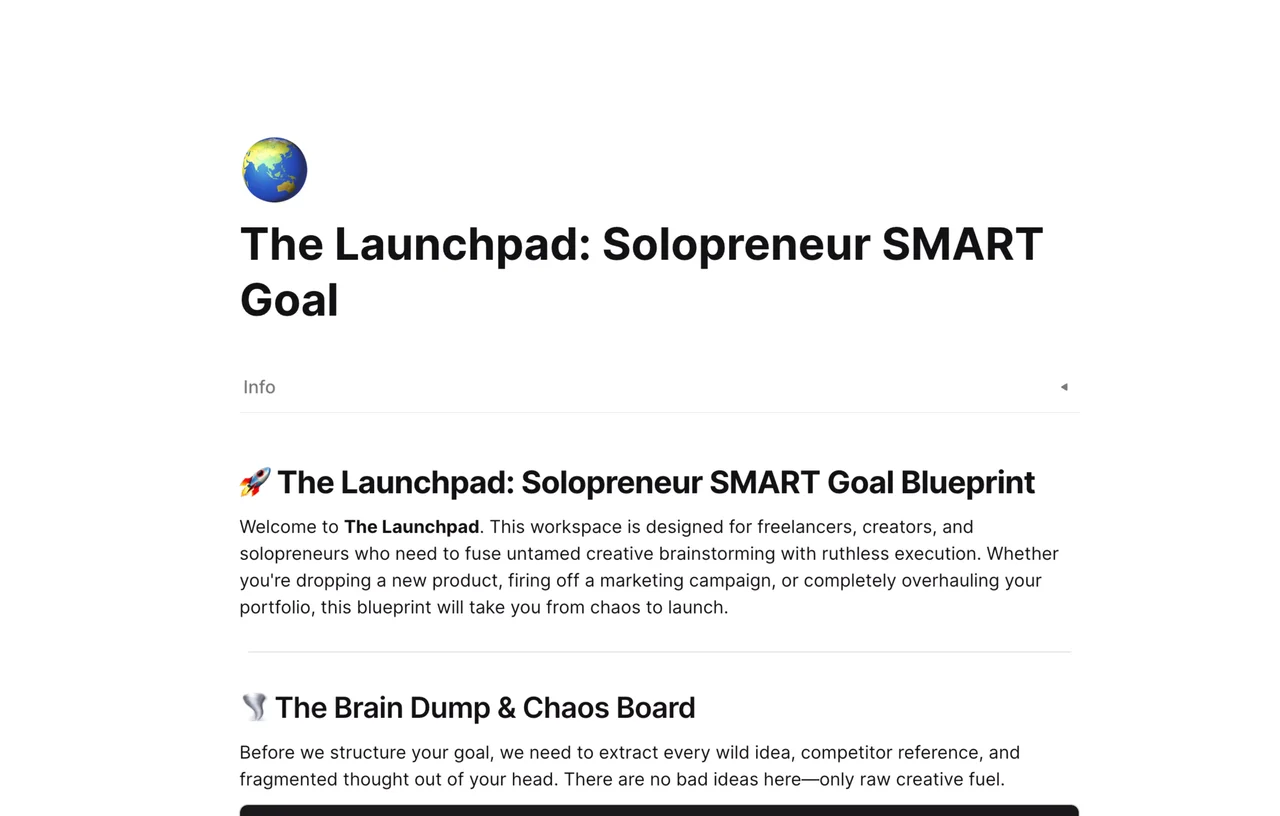 AFFiNE Solopreneur SMART Goal template layout featuring strategic planning sections for measurable business growth.