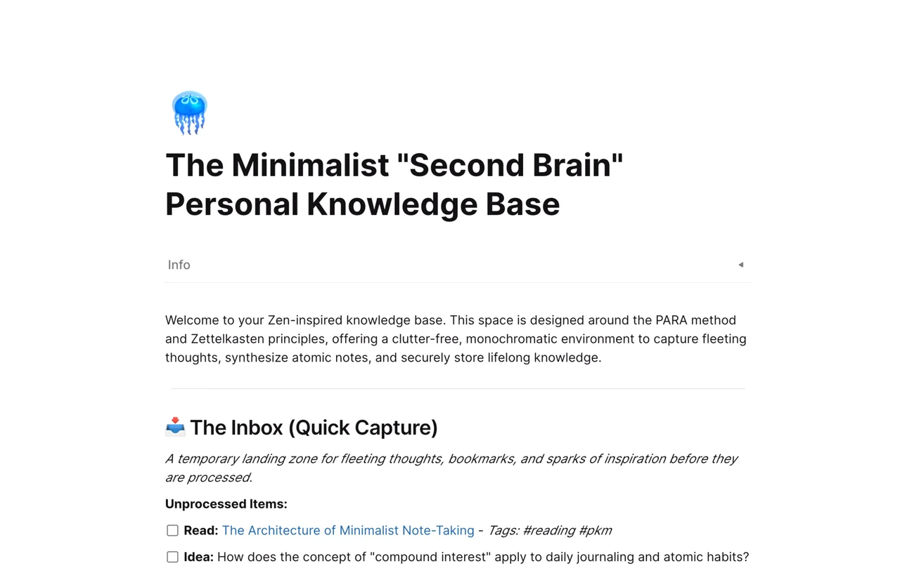 A sleek, minimalist Second Brain personal knowledge base template in AFFiNE, showcasing structured notes, dynamic mind maps, and organized information architecture for optimal productivity.