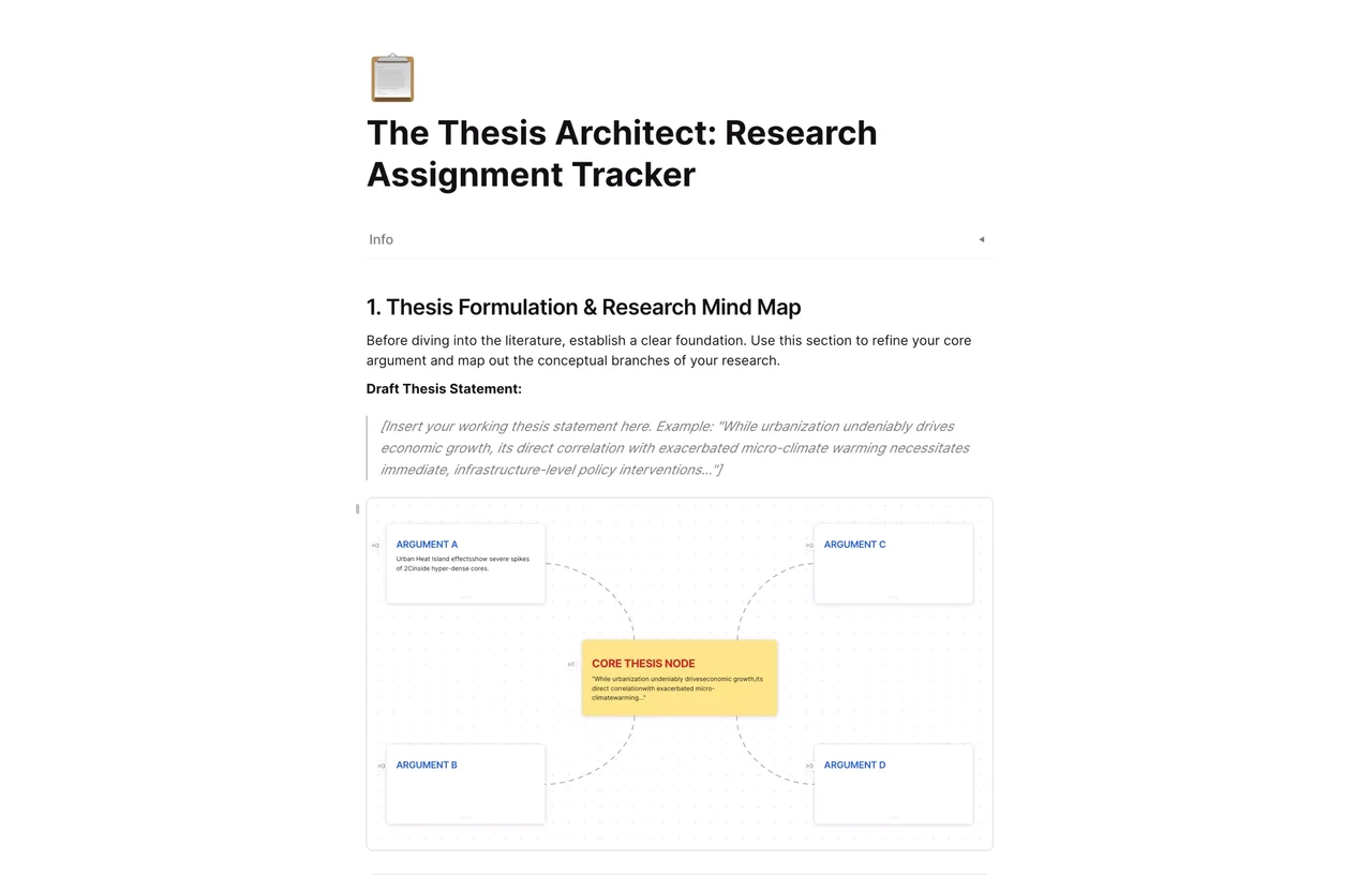 Academic research assignment tracker template in AFFiNE featuring task boards and database views for thesis planning.