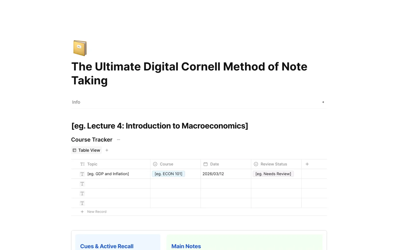 A professional digital Cornell Note-taking dashboard in AFFiNE featuring clear columns for cues, detailed notes, and a bottom summary section.