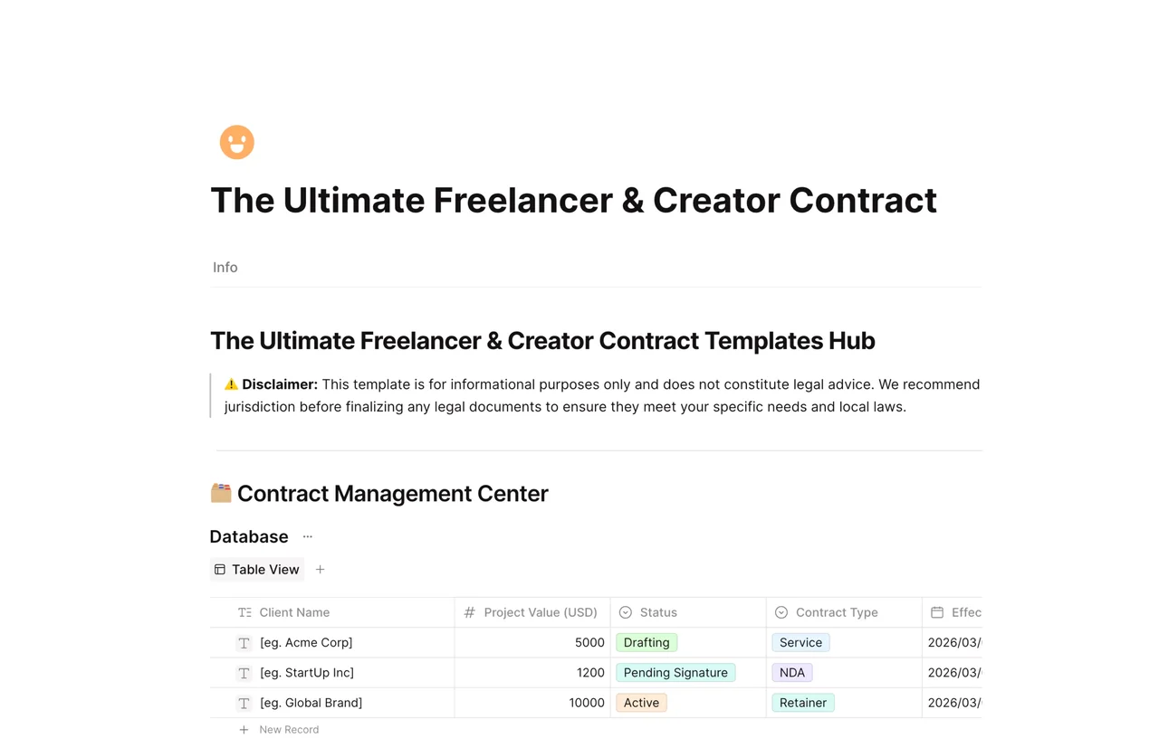 Professional contract template hub for freelancers and creators featuring structured legal sections, terms of service, and clear layouts for digital agreements in AFFiNE workspace.