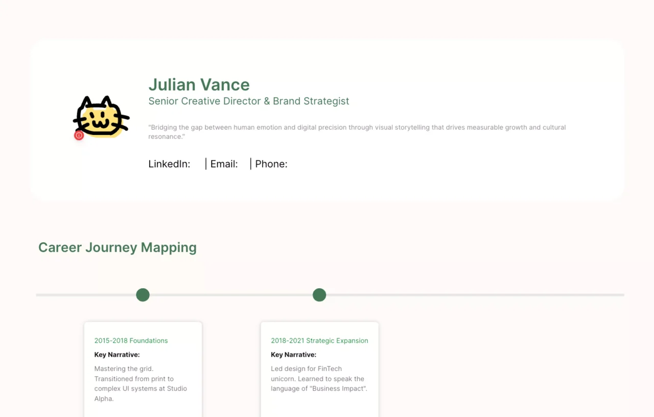 A sophisticated visual resume template featuring distinct storytelling sections, creative infographic elements, and professional typography designed within the AFFiNE multimodal workspace.