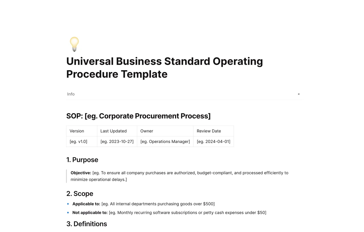 A professional Universal Business Standard Operating Procedure template showcasing step-by-step workflow documentation and team collaboration tools