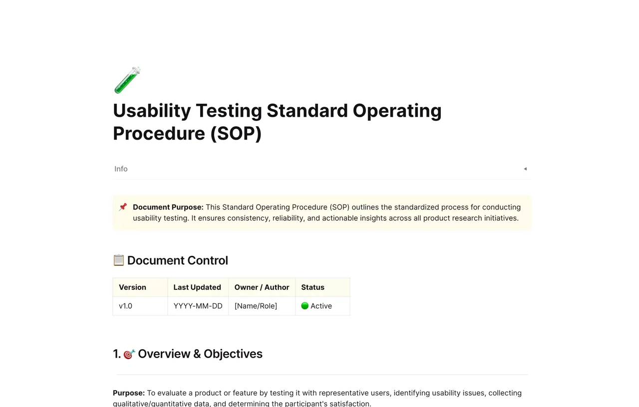 Professional Usability Testing SOP template for UX teams featuring a structured framework for participant screening, test moderation, and insight synthesis.