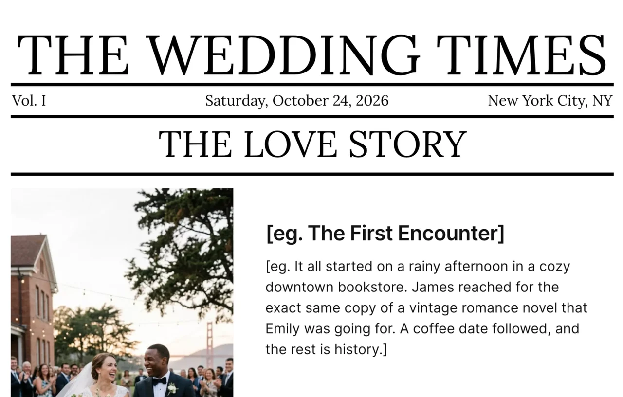 A customizable vintage wedding newspaper layout featuring classic typography, multi-column sections for stories, and placeholders for nostalgic photos.