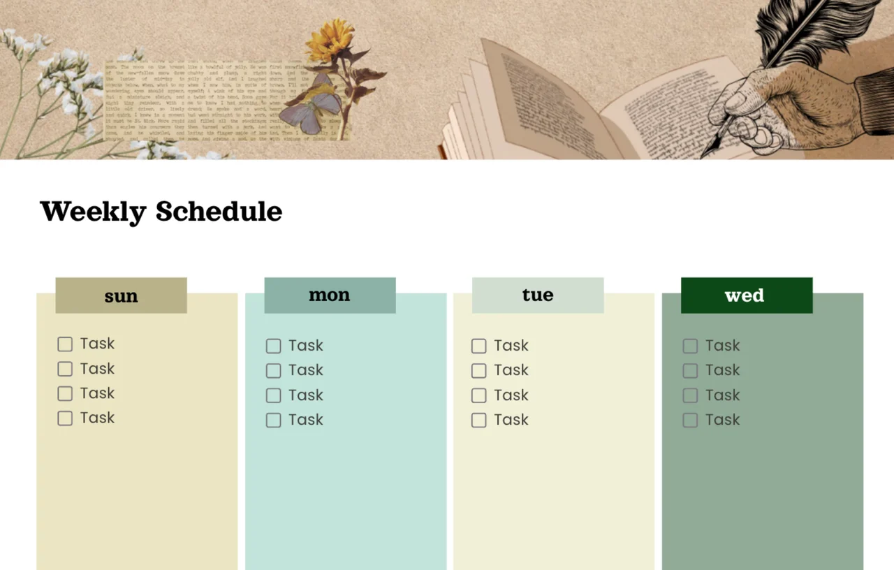 Vintage weekly schedule template featuring retro design elements, classic typography, and an aesthetic time management layout for organized weekly planning