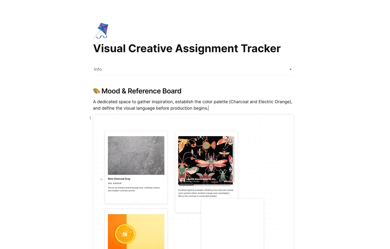 Visual Creative Assignment Tracker interface showing project milestones and creative asset management in AFFiNE.