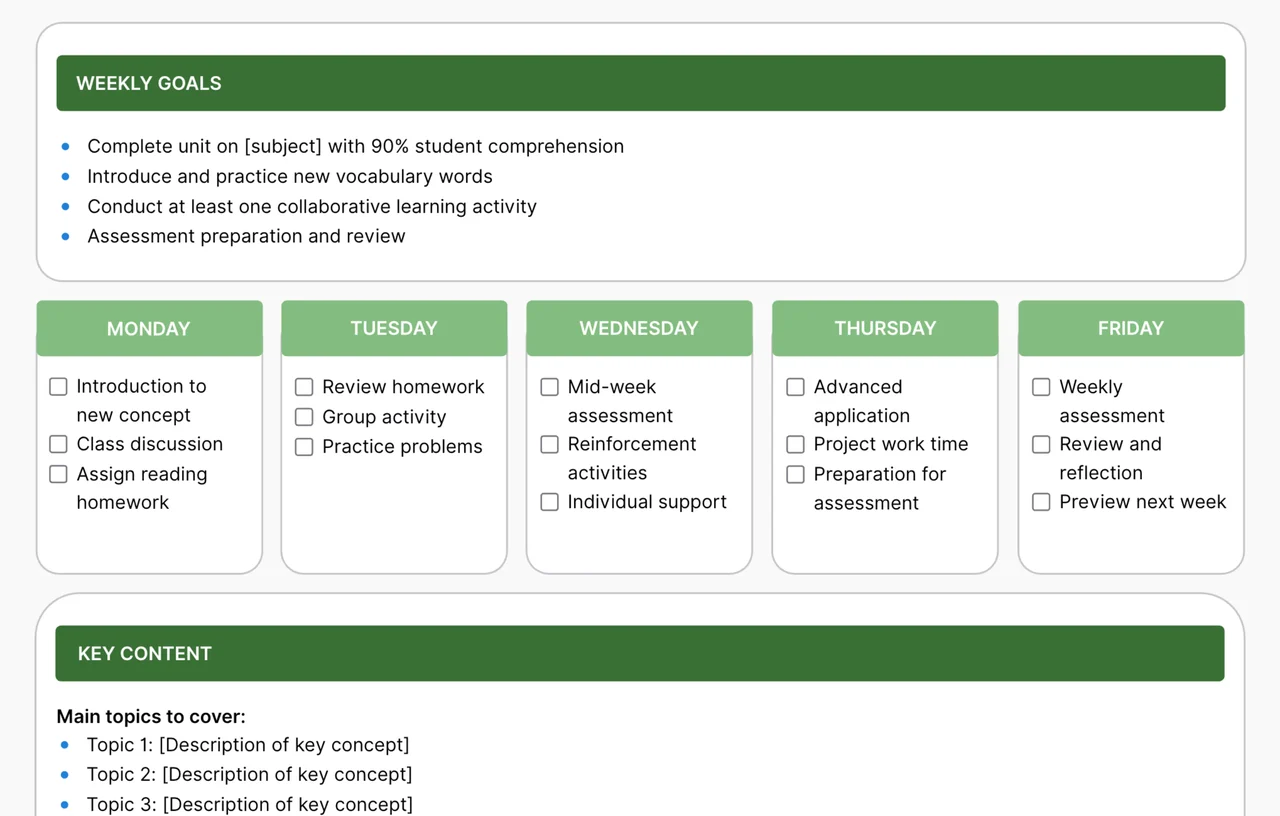 AFFiNE Weekly Lesson Planner template with organized sections for curriculum planning, teaching objectives, student activities, and assessment strategies for effective classroom management