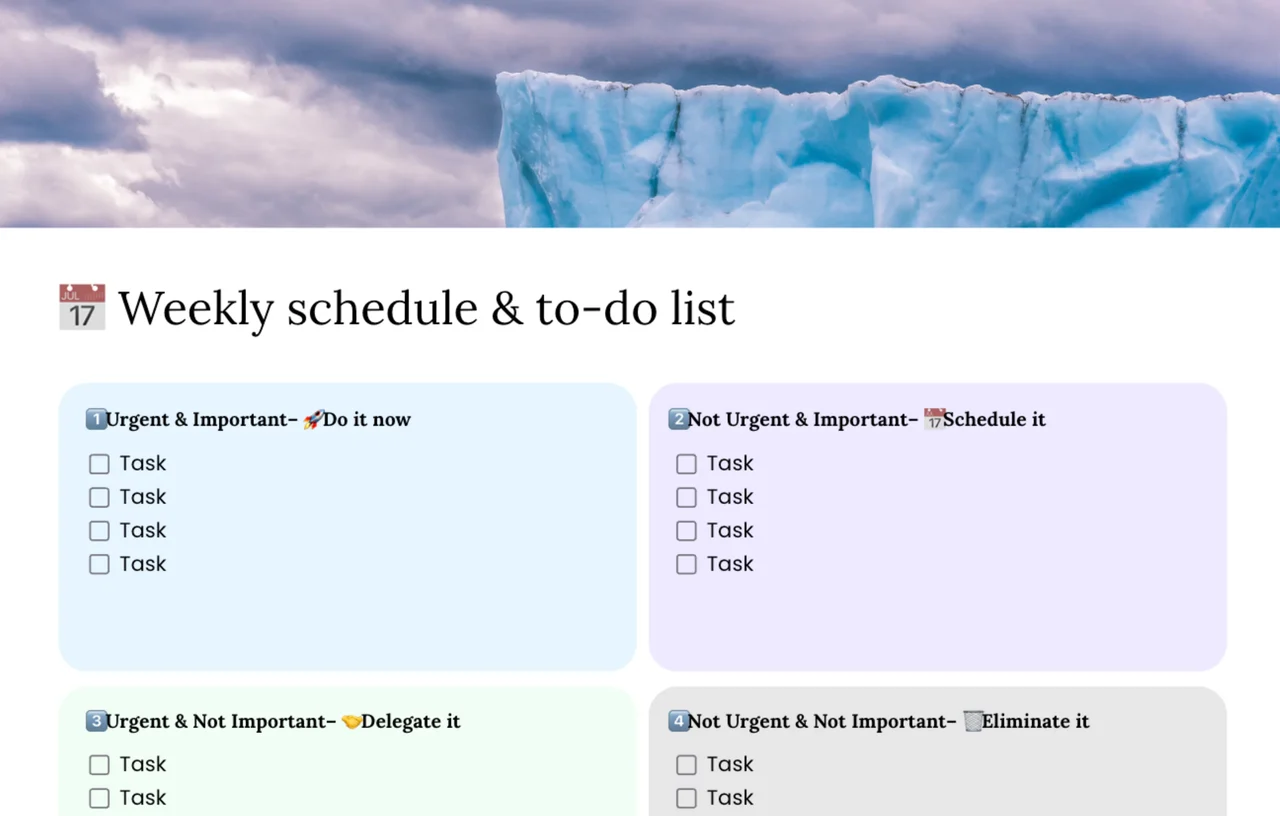 Weekly schedule and to-do list template featuring organized daily time blocks