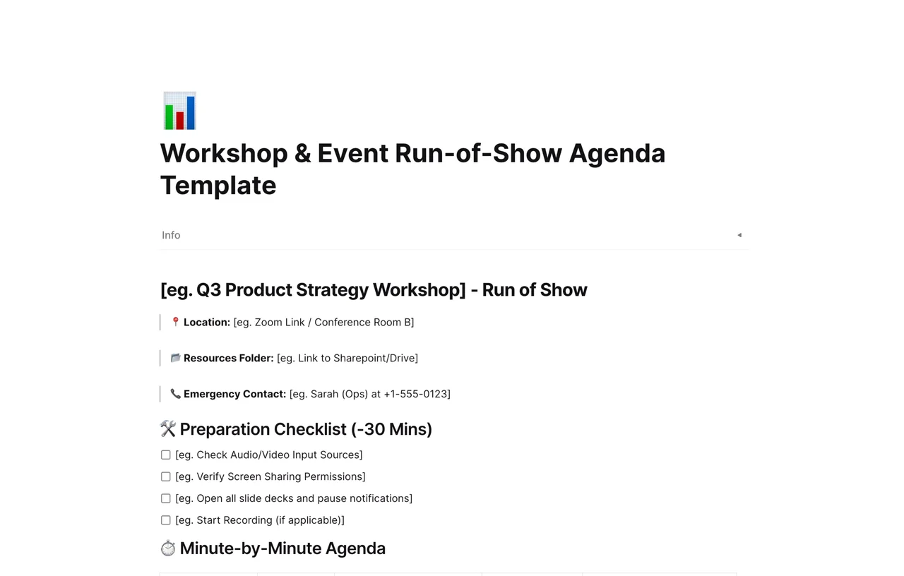 Pro-level event run-of-show agenda template in AFFiNE featuring synchronized timelines, speaker cues, and logistical checklists for event planners.