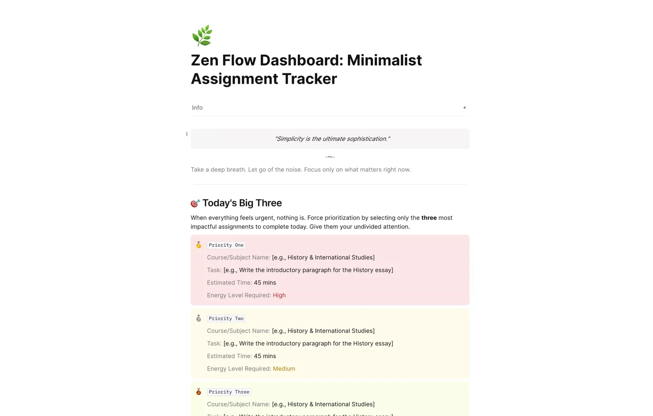 Zen Flow Dashboard showing a minimalist assignment tracker interface in AFFiNE for organized academic task management.